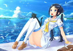 Rule 34 | 1girl, animal, arm support, ass, black cat, black hair, blue eyes, blue sky, blush, cat, cloud, commentary request, day, dress, hair ornament, hair ribbon, hairclip, highres, kazeno, loafers, long hair, neckerchief, ocean, open mouth, original, outdoors, ribbon, sailor dress, scrunchie, shoes, sitting, sky, smile, solo, thighhighs, twintails, uniform, very long hair, water, white dress, white thighhighs, wrist scrunchie