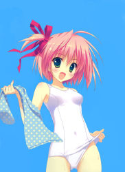 Rule 34 | 1girl, blush, clothes lift, clothes pull, fang, hair ribbon, one-piece swimsuit, one-piece swimsuit pull, open mouth, pink hair, ribbon, ryouka (suzuya), school swimsuit, short hair, solo, swimsuit, swimsuit lift, white one-piece swimsuit