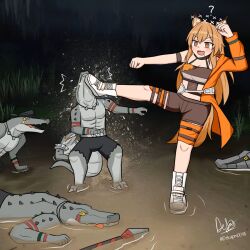 Rule 34 | 1girl, ?, alligator kick (meme), animal ears, ankle boots, arknights, black shorts, boots, brown eyes, brown hair, ceobe (arknights), ceobe (summer flowers) (arknights), commentary, confused, crocodilian, dekapm0048, dog ears, dog girl, dog tail, english commentary, highres, infection monitor (arknights), kicking, long hair, meme, open mouth, parody, shorts, signature, standing, standing on one leg, tail, twitter username, white footwear
