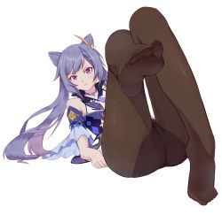 Rule 34 | 1girl, absurdres, annoyed, artist request, ass, bare shoulders, blush, dress, feet, genshin impact, hair ornament, highres, keqing (genshin impact), long hair, looking at viewer, panties, panties under pantyhose, pantyhose, pout, purple hair, red eyes, short dress, solo, twintails, underwear, very long hair