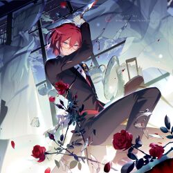 Rule 34 | 1boy, black pants, blue eyes, buttoned cuffs, buttons, closed mouth, cup, curtains, ensemble stars!, flower, formal, glasses, gloves, hair between eyes, highres, holding, holding knife, holding utensil, knife, leaf, long sleeves, male focus, pants, plate, purple hair, red flower, red rose, rose, rrr (reason), saegusa ibara, short hair, solo, suit, teacup, teapot, twitter username, white gloves, window