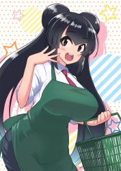 Rule 34 | 1girl, apron, basket, black eyes, black hair, breasts, denim, double bun, green apron, hair bun, hand up, harashima rojami, highres, holding, holding basket, jeans, large breasts, long hair, looking at viewer, necktie, open mouth, original, pants, s ibane, shirt, shopping basket, simple background, smile, solo, tsurime, twintails, very long hair, white background, white shirt