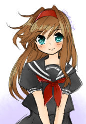 Rule 34 | 1girl, ahoge, alternate costume, blue eyes, blush, bow, brown hair, closed mouth, commentary request, hair down, hairband, hekikuu (kanaderuyume), long hair, looking at viewer, red hairband, ribbon, school uniform, smile, solo, upper body, virginia maxwell, white background, wild arms, wild arms 3