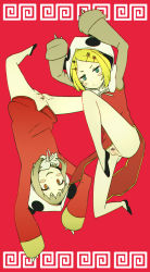Rule 34 | 2girls, animal hat, bar censor, blonde hair, bottomless, censored, china dress, chinese clothes, cleft of venus, collagen, dress, green hair, gumi, hair ornament, hairclip, hat, kagamine rin, looking at viewer, multiple girls, panda hat, pussy, red background, short hair, sleeves past wrists, transparent censoring, upside-down, vocaloid, yi er fan club (vocaloid)