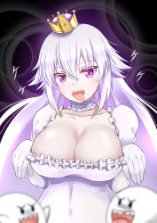Rule 34 | 1girl, blush, boo (mario), breasts, choker, cleavage, collarbone, crown, gloves, highres, large breasts, long hair, looking at viewer, luigi&#039;s mansion, mario (series), mint (cerbi), new super mario bros. u deluxe, nintendo, open mouth, pink eyes, princess king boo, sharp teeth, super crown, teeth, tongue, tongue out, upper body, white choker, white gloves, white hair