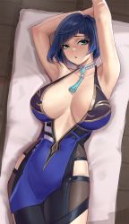 Rule 34 | 1girl, absurdres, armpits, arms up, bare arms, bare shoulders, blue hair, blush, breasts, cleavage, commentary, english commentary, genshin impact, green eyes, highres, looking at viewer, lying, on back, parted lips, shikube, short hair, solo, yelan (genshin impact)