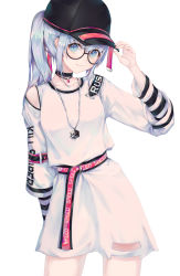 Rule 34 | 1girl, arm up, bare shoulders, baseball cap, black-framed eyewear, black choker, black hat, blue eyes, choker, closed mouth, clothing cutout, collarbone, dress, glasses, h2o (dfo), hand on headwear, hat, highres, jewelry, layered sleeves, long hair, long sleeves, original, pendant, round eyewear, short over long sleeves, short sleeves, shoulder cutout, silver hair, simple background, smile, solo, white background, white dress