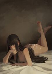 Rule 34 | 1girl, bed sheet, black hair, blunt bangs, blush, breasts, closed mouth, commentary, commission, completely nude, cum, cum on ass, english commentary, indoors, large breasts, legs up, long hair, looking at viewer, lying, mole, mole on arm, mole on ass, mole on breast, mole on leg, nude, on bed, on stomach, original, sidelocks, solo, sushoartworks, the pose