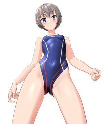 Rule 34 | 1girl, absurdres, blue eyes, blue one-piece swimsuit, breasts, clothes writing, commentary request, competition swimsuit, covered navel, from below, gluteal fold, grey hair, highleg, highleg swimsuit, highres, looking at viewer, multicolored clothes, multicolored swimsuit, one-piece swimsuit, original, parted lips, short hair, simple background, small breasts, solo, standing, swimsuit, takafumi, tomboy, variant set, white background