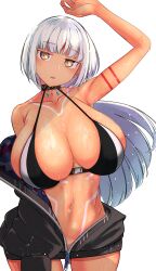 Rule 34 | 1girl, absurdres, arm at side, arm up, azur lane, bare shoulders, bikini, bikini top only, blunt bangs, body markings, bodypaint, breasts, check commentary, choker, cleavage, collarbone, commentary, commentary request, dark-skinned female, dark skin, facial mark, forehead mark, highres, huge breasts, jacket, kuyu730, long hair, massachusetts (azur lane), native american, navel, parted lips, simple background, stomach, sweat, swimsuit, tan, unzipped, wet, white background, white hair, yellow eyes, zipper, zipper pull tab