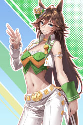 Rule 34 | 1girl, absurdres, ahoge, animal ears, blush, breasts, brown hair, choker, cleavage, collarbone, commentary request, cowboy shot, cropped jacket, green eyes, green shirt, grin, hair between eyes, hair ornament, hairclip, hand up, hat, highres, horse ears, horse girl, horse tail, jacket, long hair, long sleeves, looking at viewer, medium breasts, midriff, mini hat, mini top hat, mr. c.b. (umamusume), navel, open clothes, open jacket, outline, pants, shirt, sidelocks, single bare shoulder, single sleeve, smile, solo, standing, strapless, strapless shirt, suwa763, tail, top hat, umamusume, v, white pants, wrist cuffs, yellow choker