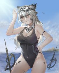 Rule 34 | 1girl, animal ears, arknights, arm strap, bare arms, bare shoulders, black nails, blue sky, breasts, chinese commentary, cleavage, cloud, commentary request, covered navel, cowboy shot, day, goggles, goggles on head, grey eyes, grey hair, groin, hair between eyes, hand on own hip, hand up, highres, lappland (arknights), large breasts, long hair, material growth, nail polish, oripathy lesion (arknights), planted, planted sword, planted weapon, sky, smile, solo, standing, sword, thighs, water, weapon, wolf ears, yu ruo