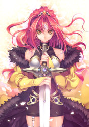 Rule 34 | 1girl, absurdres, bare shoulders, breasts, facial mark, female focus, garter straps, gradient background, highres, long hair, original, red hair, riv (rivleaf), solo, sword, thighhighs, weapon, white thighhighs, yellow eyes