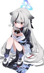 Rule 34 | 1girl, absurdres, black dress, black hair, black socks, blue archive, blush, chestnut mouth, commentary, crossed bangs, cup, dress, frilled dress, frills, full body, gradient hair, grey hair, halo, highres, holding, holding cup, kokona (blue archive), long hair, long sleeves, multicolored hair, pencil, shoes, simple background, sneakers, socks, solo, spiral, streaked hair, teacup, tearing up, tiko (idadsa91), very long hair, white background, white footwear, yellow eyes