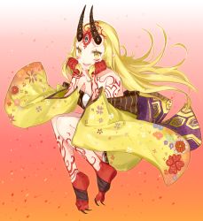 Rule 34 | 1girl, :d, barefoot, blonde hair, fate/grand order, fate (series), full body, gradient background, holding own hair, horns, ibaraki douji (fate), japanese clothes, kimono, long hair, looking at viewer, mochii, monster girl, oni, oni horns, open mouth, pointy ears, slit pupils, smile, solo, tattoo, toenails, yellow eyes
