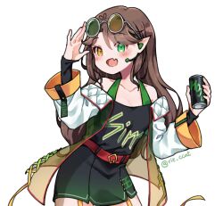 Rule 34 | 1girl, belt, blush, brown hair, can, highres, hojo studio, holding, holding can, jacket, long hair, monochrome, open mouth, rie ccat, sim chan, skirt, smile, solo, sunglasses, virtual youtuber, white background