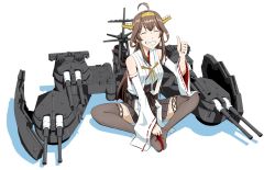 Rule 34 | 1girl, ahoge, bare shoulders, birii, boots, brown hair, brown skirt, closed eyes, detached sleeves, double bun, facing viewer, grin, hair bun, headgear, kantai collection, kongou (kancolle), kongou kai ni (kancolle), long hair, machinery, nontraditional miko, sitting, skirt, smile, solo, thigh boots, thighhighs, thumbs up, wide sleeves