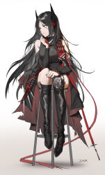 Rule 34 | 1girl, absurdres, arknights, black cloak, black footwear, black hair, black nails, black shirt, black sleeves, boots, brown background, cloak, commentary, danzir, demon girl, demon horns, detached sleeves, frown, full body, gradient background, hand up, highres, horns, ines (arknights), knee boots, knee up, lens flare, long hair, looking to the side, nail polish, on stool, red cloak, shadow, shirt, signature, sitting, solo, thighhighs, torn clothes, torn ribbon, very long hair, yellow eyes