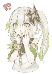 Rule 34 | !?, 1girl, bare shoulders, blush, bow, bracelet, commentary request, genshin impact, green bow, green eyes, green hair, hair between eyes, hair bow, hair ornament, hands up, highres, jewelry, nahida (genshin impact), pointy ears, shirt, side ponytail, sidelocks, simple background, sleeveless, sleeveless shirt, solo, surprised, white background, zikoman syumi