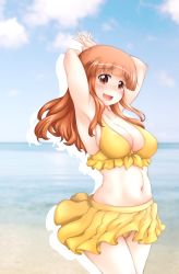 Rule 34 | 1girl, armpits, arms behind head, arms up, beach, bikini, bikini skirt, blue sky, blunt bangs, blurry, blurry background, breasts, cloud, cloudy sky, commentary, cowboy shot, day, depth of field, frilled bikini, frills, front-tie bikini top, front-tie top, girls und panzer, highres, horizon, large breasts, long hair, looking at viewer, navel, ocean, open mouth, orange eyes, orange hair, outdoors, silhouette, sky, smile, solo, standing, swimsuit, takebe saori, yellow bikini, yts takana