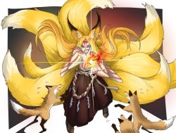 Rule 34 | 1girl, anger vein, angry, animal ears, commentary request, crying, crying with eyes open, d:, d:&lt;, doitsuken, fangs, fire, fire, floating hair, flying sweatdrops, fox, fox ears, fox shadow puppet, fox tail, highres, japanese clothes, kitsune, long hair, looking at viewer, magic, multiple tails, open mouth, original, pointing, pointing at viewer, red eyes, runny nose, shoes, slit pupils, snot, standing, tail, tears, torii, v-shaped eyebrows, very long hair, wide sleeves, worried