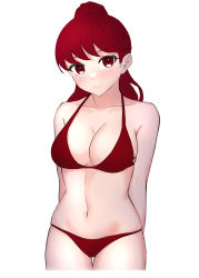Rule 34 | 1girl, absurdres, arms behind back, bad id, bad twitter id, bikini, blush, breasts, collarbone, halterneck, highres, large breasts, long hair, looking at viewer, navel, persona, persona 5, persona 5 the royal, ponytail, red bikini, red eyes, red hair, reneph, simple background, smile, solo, standing, string bikini, swimsuit, white background, yoshizawa kasumi