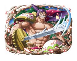 Rule 34 | 1boy, abs, armor, burn scar, charlotte cracker, collarbone, english text, gloves, holding, holding sword, holding weapon, looking at viewer, male focus, muscular, muscular male, nipples, official art, one piece, one piece treasure cruise, pauldrons, pectorals, purple hair, scar, shoulder armor, single pauldron, smirk, solo, sword, topless male, weapon