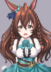 Rule 34 | 1girl, ahoge, animal ears, arms behind back, blouse, blue flower, blue rose, bow, braid, brown eyes, brown hair, commentary request, dress, ear bow, flower, green bow, green dress, grey background, highres, horse ears, horse girl, horse tail, long hair, looking at viewer, mejiro bright (umamusume), rose, shirt, simple background, solo, striped, striped bow, t2r, tail, twin braids, umamusume, wavy hair, white shirt
