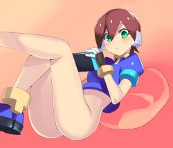 Rule 34 | 1girl, aile (mega man zx), ass, blush, breasts, brown hair, closed mouth, gloves, green eyes, hair between eyes, legs, looking at viewer, protected link, robot ears, mega man (series), mega man zx, short hair, shorts, solo, third-party edit, ukimukai