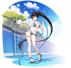 Rule 34 | 1girl, absurdly long hair, absurdres, bare legs, bikini, black hair, blue bikini, breasts, cleavage, counter:side, crop top, crop top overhang, empty pool, full body, hair ribbon, halterneck, highres, holding, hose, huge filesize, large breasts, liv allen, long hair, looking at viewer, navel, no pants, off shoulder, official alternate costume, official art, orange eyes, ponytail, pool, ribbon, sandals, see-through, shirt, short sleeves, side-tie bikini bottom, skindentation, smile, solo, standing, stomach, string bikini, striped bikini, striped clothes, swimsuit, thigh strap, thighs, transparent background, very long hair, wet