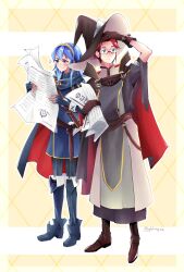 Rule 34 | 1boy, 1girl, blue eyes, boots, fire emblem, fire emblem awakening, full body, glasses, grey eyes, hat, highres, laurent (fire emblem), lucina (fire emblem), nintendo, red hair, standing, witch hat, ykhay22