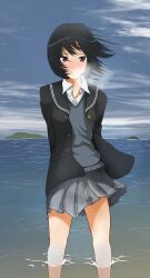 Rule 34 | 1girl, absurdres, amagami, arms behind back, black hair, black jacket, black sailor collar, blazer, blue sweater, blush, breath, brown eyes, closed mouth, clothes lift, cloud, collared shirt, commentary, day, dress shirt, floating clothes, floating hair, funcle, grey skirt, hair over one eye, highres, island, jacket, kibito high school uniform, legs apart, light smile, long sleeves, looking at viewer, miniskirt, nanasaki ai, nose blush, ocean, open clothes, open collar, open jacket, outdoors, partially submerged, partially unbuttoned, pleated skirt, raised eyebrows, sailor collar, school uniform, shirt, shore, short hair, skirt, skirt lift, sky, smile, solo, standing, sweater, unbuttoned, wading, water, white shirt, wind, wind lift
