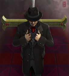 Rule 34 | 1boy, alternate costume, black hair, black hat, buttoned cuffs, buttons, chinstrap, covered eyes, cross, dracule mihawk, fedora, formal, hat, jewelry, male focus, necklace, necktie, one piece, ring, solo, suit, sword, unworn jewelry, unworn necklace, weapon, wyv1, yoru (sword), yvan quinet