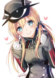 Rule 34 | 10s, 1girl, artist name, bad id, bad pixiv id, blue eyes, breasts, c:, clenched hands, gloves, hat, heart, kantai collection, long hair, looking at viewer, low twintails, nunucco, peaked cap, prinz eugen (kancolle), revision, signature, simple background, smile, solo, twintails, upper body, white background, white gloves