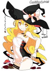 Rule 34 | 1girl, bare shoulders, blonde hair, dress, hat, ideolo, kirisame marisa, long hair, looking at viewer, mushroom, no nose, see-through, smile, solo, strapless, strapless dress, thigh strap, touhou, white background, witch, witch hat, yellow eyes