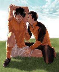 Rule 34 | 2boys, licking armpit, armpits, arms behind head, arms up, backlighting, black hair, black pants, daiagonaruran, day, grass, hair slicked back, hand on another&#039;s thigh, highres, jacket, knee up, leg between thighs, licking, looking at another, male focus, multiple boys, on ground, one eye closed, open mouth, orange jacket, orange shirt, orange socks, original, outdoors, pants, shirt, shoes, short hair, short sleeves, shorts, sitting, soccer uniform, socks, sportswear, spread legs, sweat, sweatpants, tongue, tongue out, track jacket, white shorts, wince, yaoi