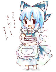 Rule 34 | 1girl, apron, bad id, bad pixiv id, baking, barefoot, blue dress, blue hair, blush, bow, bowl, chibi, cirno, cooking, dress, hair bow, kuromame (8gou), lowres, smile, solo, touhou, translation request, whisk, wings