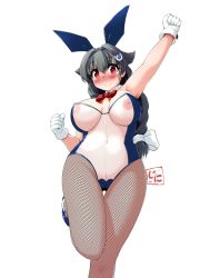 Rule 34 | 1girl, alternate costume, animal ears, black hair, bow, bowtie, breasts, detached collar, fake animal ears, fishnet pantyhose, fishnets, gloves, hair flaps, hair ornament, hairclip, jingei (kancolle), jini ya1, kantai collection, large breasts, leotard, long hair, low ponytail, meme attire, nipples, nontraditional playboy bunny, pantyhose, playboy bunny, rabbit ears, red bow, red bowtie, red eyes, see-through, see-through leotard, solo, standing, standing on one leg, strapless, strapless leotard, translucent bunnysuit, whale hair ornament, white gloves