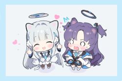 Rule 34 | 0202ase, 2girls, animal ears, black pantyhose, black skirt, blue archive, blue necktie, blush, cat ears, cat tail, chibi, closed eyes, collared shirt, commentary, full body, grey footwear, grey hair, halo, heart, highres, jacket, long hair, long sleeves, mechanical halo, multiple girls, necktie, noa (blue archive), o o, open clothes, open jacket, open mouth, pantyhose, pleated skirt, purple hair, shirt, shoes, skirt, smile, symbol-only commentary, tail, two-sided fabric, two-sided jacket, two side up, white footwear, white jacket, white shirt, white skirt, yuuka (blue archive)