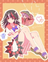 Rule 34 | 2girls, :d, alternate hair length, alternate hairstyle, bad id, bad pixiv id, black hair, blush, bowl, bowl hat, bracelet, commentary request, crossed arms, dress, floral print, full body, hat, heart, horns, japanese clothes, jewelry, kijin seija, kimono, knees up, long hair, long sleeves, looking at another, looking away, mini person, minigirl, multicolored hair, multiple girls, obi, object on head, open mouth, puffy short sleeves, puffy sleeves, purple hair, red eyes, red hair, sandals, sash, short hair, short sleeves, smile, spoken heart, spoken squiggle, squiggle, streaked hair, sukuna shinmyoumaru, sweat, touhou, tsundere, white hair, wide sleeves, you (noanoamoemoe)