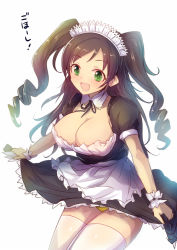 Rule 34 | 10s, 1girl, :d, alternate costume, black hair, breasts, cleavage, clothes lift, drill hair, enmaided, female focus, frills, green eyes, idolmaster, idolmaster cinderella girls, kara (color), large breasts, long hair, maid, maid headdress, nonomura sora, open mouth, panties, pantyshot, simple background, skirt, skirt lift, smile, solo, thighhighs, twintails, two side up, underwear, white thighhighs, yellow panties