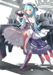 Rule 34 | 1girl, ass, azur lane, bare shoulders, blue hair, breasts, cannon, clam, clam shell, cleavage, detached sleeves, dress, fake antlers, frilled dress, frills, full body, highres, holding, holding weapon, leg up, long hair, looking at viewer, madotsukumo, maid, medium breasts, neptune (azur lane), orange eyes, polearm, shell hair ornament, simple background, smile, solo, trident, turret, weapon, white legwear