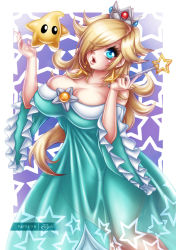 Rule 34 | 1girl, bare shoulders, blonde hair, blue eyes, breasts, bursting breasts, cleavage, collarbone, crown, dress, hair over one eye, large breasts, long hair, luma (mario), mario (series), nintendo, parted lips, rosalina, sevie, strapless, super mario galaxy, wand