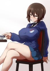 Rule 34 | 1girl, bare legs, black necktie, blue skirt, blue sweater, breasts, brown eyes, brown hair, chair, commentary request, covered erect nipples, crossed legs, cup, emblem, girls und panzer, hair between eyes, highres, large breasts, long sleeves, miniskirt, necktie, nishizumi maho, pleated skirt, school uniform, shanaharuhi, shirt, short hair, simple background, sitting, skirt, solo, st. gloriana&#039;s (emblem), st. gloriana&#039;s school uniform, sweater, teacup, v-neck, white shirt