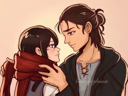Rule 34 | 1boy, 1girl, black eyes, black hair, brown hair, eren yeager, from side, hair between eyes, hair bun, highres, holding, holding clothes, holding scarf, hunnymzdraws, looking at another, medium hair, mikasa ackerman, red scarf, scar, scar on face, scarf, shingeki no kyojin, short hair, simple background, smile, twitter username, upper body, watermark, yellow background