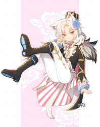 Rule 34 | 1boy, absurdres, animal ear fluff, animal ears, ass, black footwear, black hair, black jacket, blue flower, blue rose, boots, cat boy, cat ears, cat tail, commentary request, coreytaiyo, cross-laced footwear, crown, floral background, flower, frilled sleeves, frills, grey hair, hair flower, hair ornament, hairclip, hand up, highres, jacket, knee boots, lace-up boots, long sleeves, looking at viewer, male focus, mini crown, multicolored hair, original, pants, parted bangs, parted lips, pink background, red eyes, rose, shirt, solo, streaked hair, tail, two-tone background, white background, white pants, white shirt