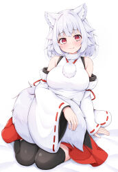 Rule 34 | 1girl, :3, animal ears, black thighhighs, breasts, detached sleeves, hair flaps, inubashiri momiji, large breasts, medium breasts, pom pom (clothes), red eyes, ribbon-trimmed sleeves, ribbon trim, rururiaru, shirt, short hair, sitting, tail, thighhighs, touhou, two-tone skirt, white hair, white shirt, wolf ears, wolf girl, wolf tail