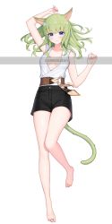 Rule 34 | absurdres, animal ears, arms up, bare arms, bare legs, barefoot, belt, black shorts, blue eyes, blunt bangs, blush, breasts, cat ears, cat tail, character request, cleavage, clenched hands, commentary, copyright request, dress shirt, eyebrows, full body, green hair, highres, legs, long hair, looking at viewer, medium breasts, original, shirt, shorts, sidelocks, simple background, sleeveless, sleeveless shirt, slit pupils, smile, solo, tail, toes, white background, white shirt, yuri (chocho q)