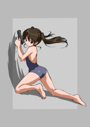 Rule 34 | 1girl, ass, barefoot, black hair, blue one-piece swimsuit, blue school swimsuit, brown eyes, female focus, framed, from side, frown, full body, grey background, gun, hair between eyes, handgun, holding, holding gun, holding pistol, holding weapon, kneeling, long hair, looking at viewer, looking to the side, one-piece swimsuit, original, pistol, rohitsuka, school swimsuit, soles, solo, swimsuit, twintails, weapon