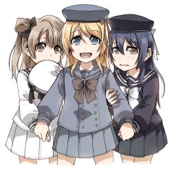 Rule 34 | 10s, 3girls, alternate costume, holding another&#039;s arm, ayase eli, blonde hair, blue hair, blush, brown hair, clipe, girl sandwich, holding hands, hat, looking at viewer, love live!, love live! school idol project, minami kotori, multiple girls, open mouth, sandwiched, school uniform, serafuku, simple background, skirt, sonoda umi, uniform, white background, aged down